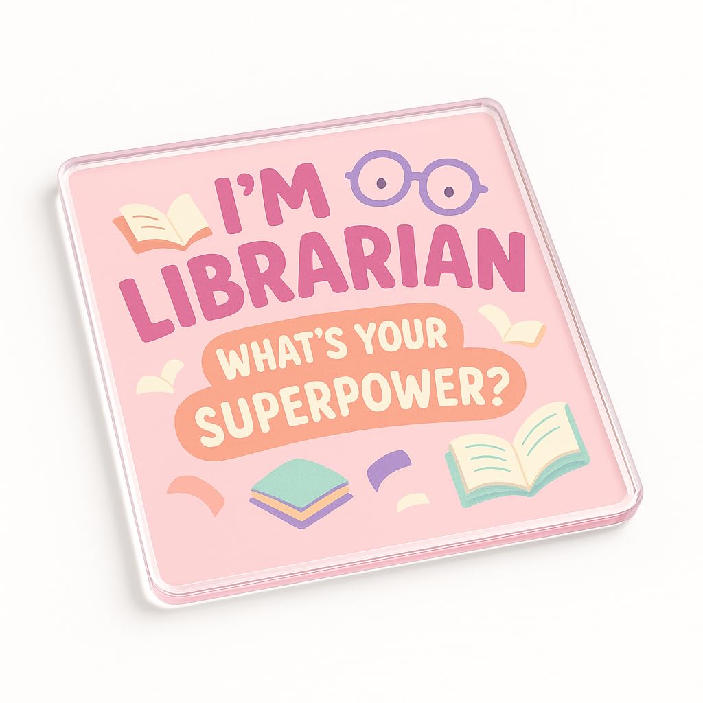The Plum Penguin Librarian Funny Acrylic Coaster Gift - Superpower Design With Books And Glasses - Humorous Desk Accessory
