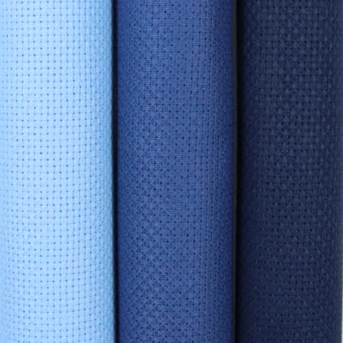 Image of KCS 3 pc of 15 inch x 18 inch(38cmx45cm) 16 Count Cross Stitch Cotton Aida Cloth Needlework Rolled Fabric Box,16CT,Light Blue+Jeans Blue+Navy Blue