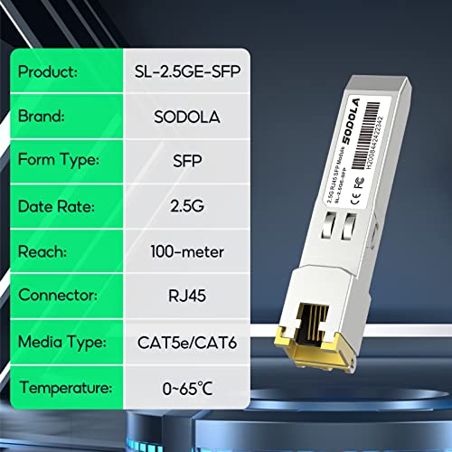 Image of Sodola 2.5GBase-T RJ45 SFP+ Module, 2.5G SFP to RJ45 SFP Copper Transceiver, Compatible with Ubiquiti UniFi, TP-Link, Mikrotik and Other Open Switches, Plug and Play