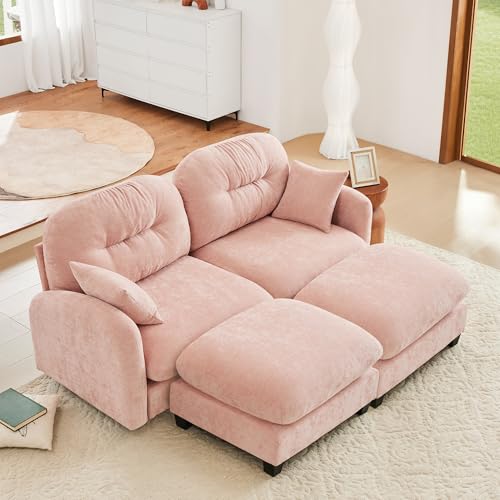 Image of KEIKI 74 inch Oversized Chenille Modular Sectional Loveseat Sofa with 2 Ottoman, High-Density Foam Cushions, Tufted Pleated Cushion Backrest, Modern 2-Seater Couch with 2 Pillow, for Living Room, Pink