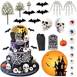 24 Pieces Halloween Cake Decorations Set with Mini Skeleton Tombstone Pumpkin Bat Skull Eyeballs Cupcake Toppers for Halloween Party Birthday Party Decoration Supplies