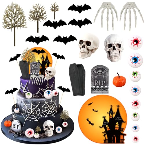 24 Pieces Halloween Cake Decorations Set with Mini Skeleton Tombstone
