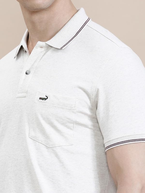 Image of CROCODILE Men Solid Slim Fit Polo T-Shirt | Regular Length | Short Sleeve | Button Placket | Casual Knitted Topwear