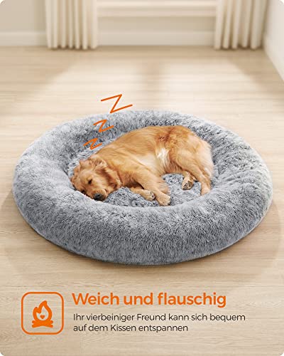 Feandrea Hundebett flauschig, Katzenbett, Donut Kissen, waschbar, Polsterung in der Mitte herausnehmbar, Langer Plüsch, 120 cm Durchmesser, Ombré-Grau PGW043G01