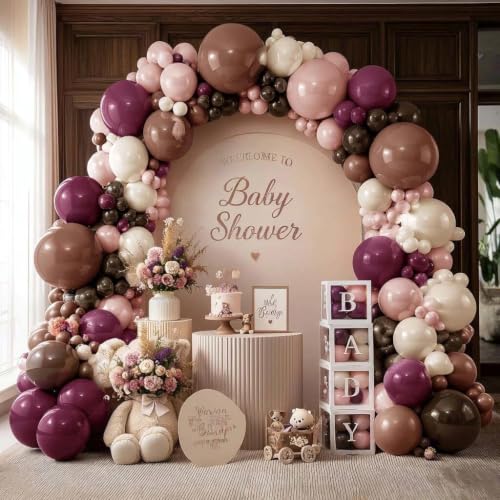 Image of Pink Brown Balloon Arch Double Stuffed Plum Dusty Pink White Balloon Kit