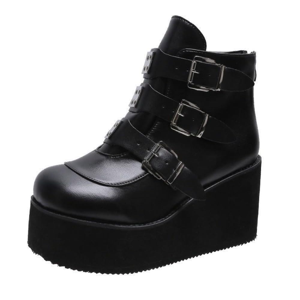 Cute Emo Shoes Goth Wedges Combat Boots for Women Platform Chunky Grunge Rave Punk Ankle Non Slip Breathable