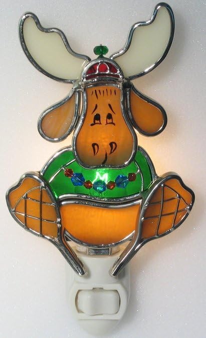 Merry Moose Stained Glass Night Light with Snowshoes and Festive Lights | Hand-Painted Moose Design | Real Glass with Silver Finish | UL-Approved Base from SassyXpressions