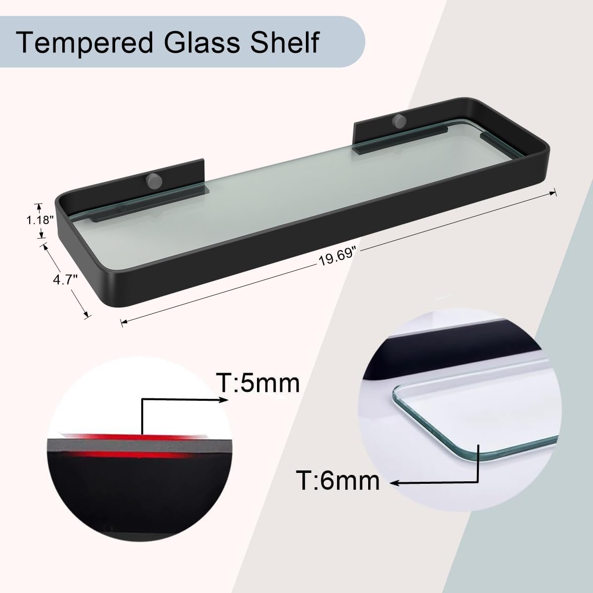 Z metnal Small Glass Bathroom Shelves, Matte Black Floating Shelf, Mini Wall Shelf for Bathroom Organizer, Wall Mounted (Clear Glass, 20 inch/50cm),1 pcs