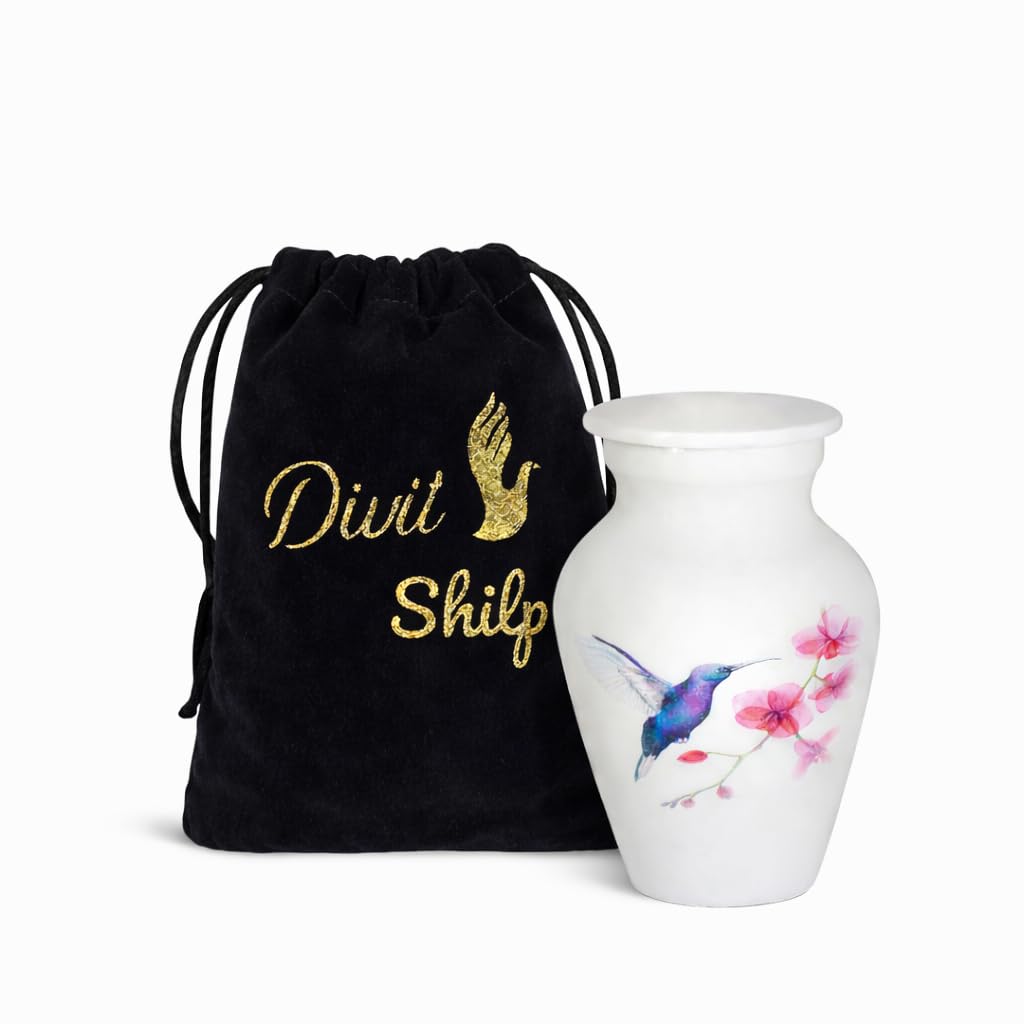 Pequeña urna de cremación de Recuerdo Divit Shilp con Estuche de Terciopelo | Elige Entre Colores únicos | Encantadora Mini Prenda metálica para Cenizas humanas. (Keepsake, Hummingbird White)
