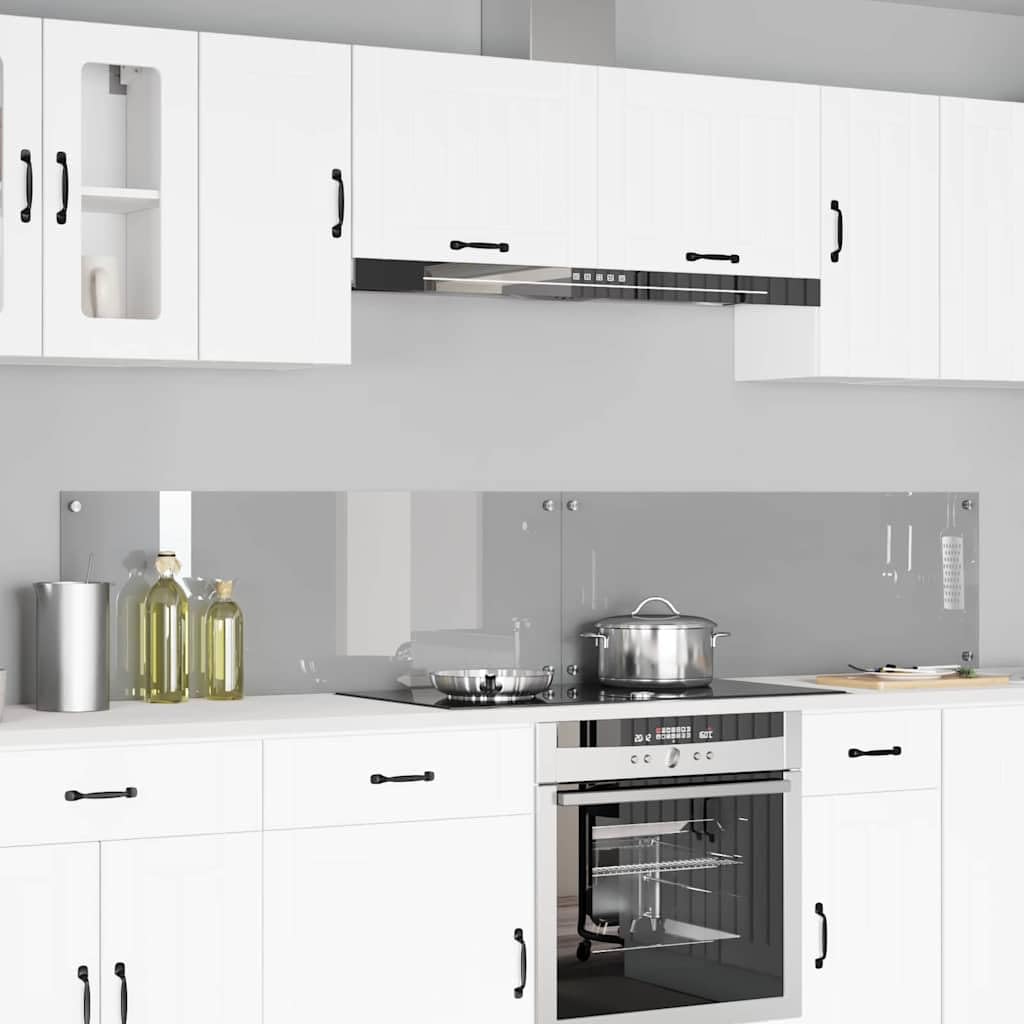 Panel posterior de cocina de vidrio templado gris claro 110 x 40 cm, 2 piezas con agujeros preperforados, resistente al calor y fácil de limpiar para cocinas modernas y protección eficaz
