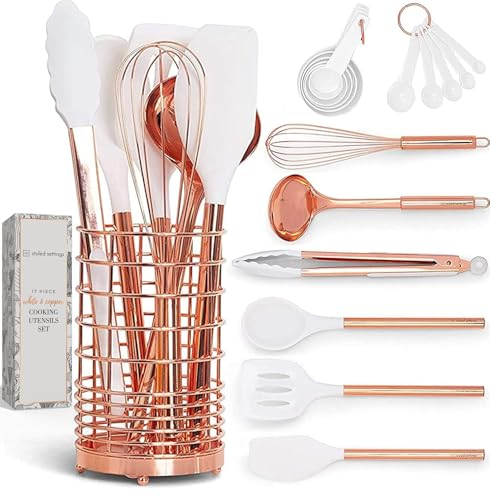 White Silicone & Copper Kitchen Utensils Set, 17-Piece