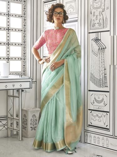 Image of MADHUHANSH Women's Cotton Linen Saree with Unstitched Blouse Piece and Solid Pattern | Mithila Painting Saree | Saree for Haldi Ceremony