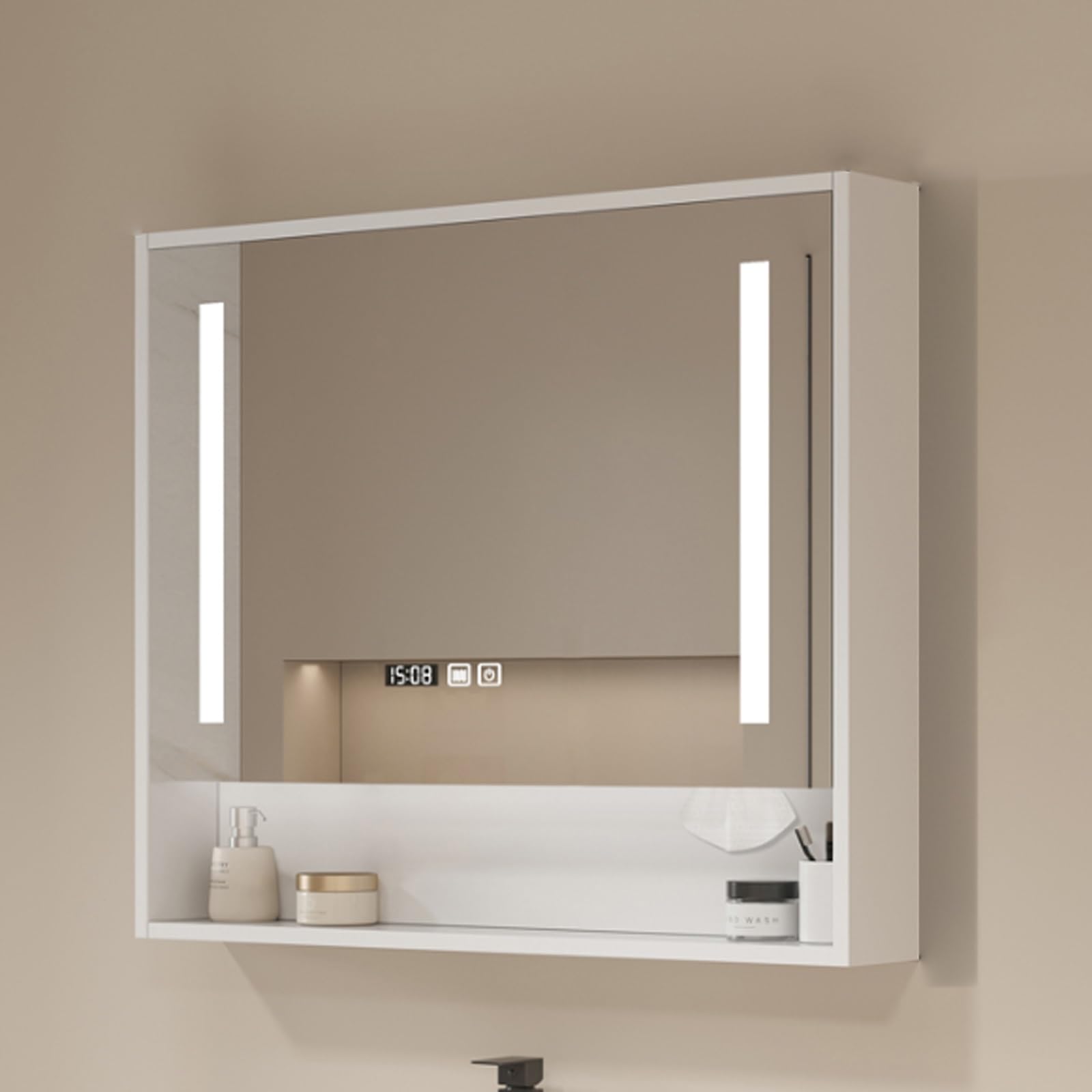 Armario baño con espejo y luz led de madera,armario espejo baño con Espejo Antivaho,LED espejo con almacenaje de maquillaje,visualización de la hora,armario espejo baño con luz Espejo de belleza atrás