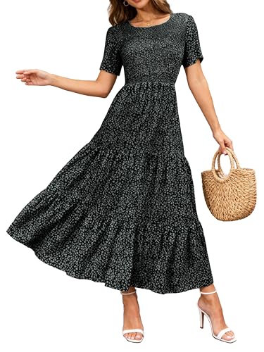 Image of BTFBM Women Casual Short Sleeve Crew Neck Summer Dress Bohemian Floral Printed Flowy Maxi Dresses Tiered Cocktail Dress
