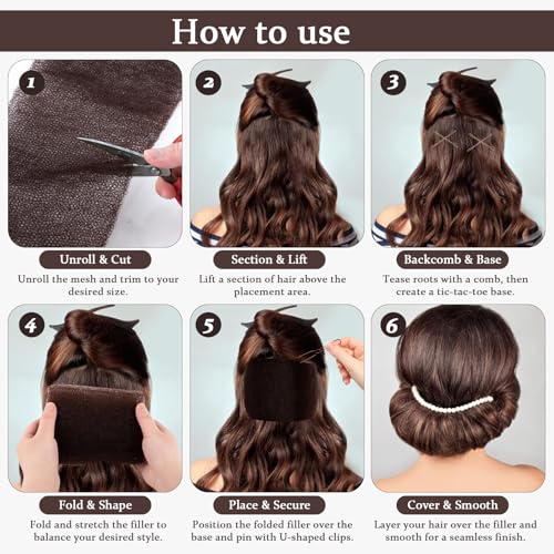 Hair Bumps for Volume Insert, Hair Sponge for Updo - Hair Mesh Filling Padding for Women - Bobby Pins - U Shape Hair Pin, Comb and Plastic Clips, Brown - Thumbnail 7