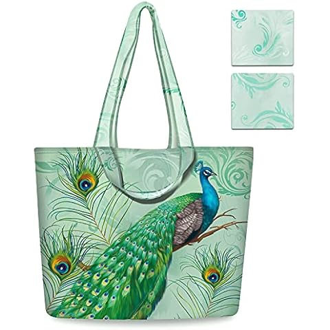 NymphFable 2 Pack Tote Bag Reusable Peacock Green Shopping Bags Washable Foldable Polyester Grocery Bags Cover