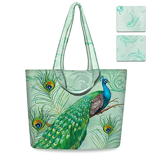 NymphFable 2 Pcs Tote Bag Reutilizables Pavo Real Bolsas para Comestibles Plegable Poliéster Bolsa Compra