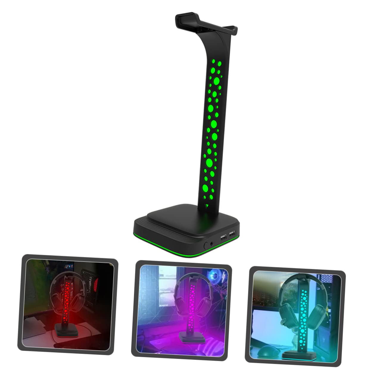 OSALADI Soporte para Auriculares Led RGB para Escritorio, Doble USB y Auxiliar 3.5 Mm, Accesorio De Gaming Multifuncional, Compatible Pc y Uso Diario, Color Negro