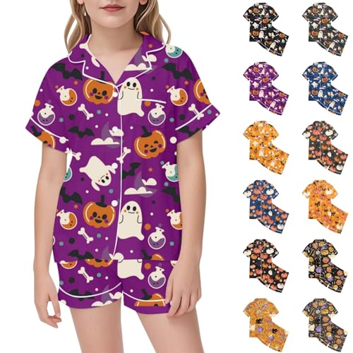 Girls Silk Satin Halloween 𝙋𝙖𝙟𝙖𝙢𝙖s Set Pumpkin Ghost Print Button Down Shirts and Shorts 2 Piece Fall Clothes
