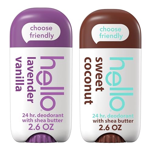 hello Deodorant Variety Pack Aluminum Free Deodorantfor Women and Men with Shea Butter Lavender Vanilla Sweet Coconut Baking Soda Free 2 x 2.6 oz Sticks