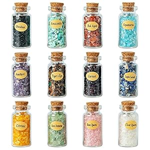 KHOCOEE 12 Different Gemstone Bottles Chip Crystals and Healing Stone, Chakra Healing Crystals Bottles, Wicca Gem Stones Set, Witchcraft Crystals