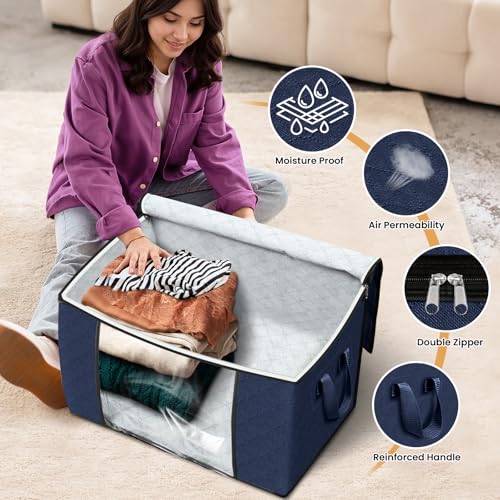 Image of Fab totes 24 Gallons Clothes Storage,Foldable Thick Fabric Blanket Storage Bags, Containers for Organizing Bedroom, Closet, Clothing, Comforter, Organization with Handle (10 Pack,Blue)