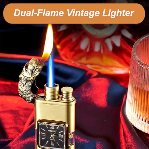 Encendedor vintage con reloj y llama dual a prueba de viento miniatura 2
