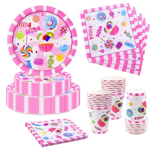 Nkaiso Cumpleaños Vajilla de Fiesta, 96 Piezas Caramelo de Vajilla, Cumpleaños Infantil Party Decoración Set con Platos Vasos Servilletas para Decoración de fiestas - 24 Invitados