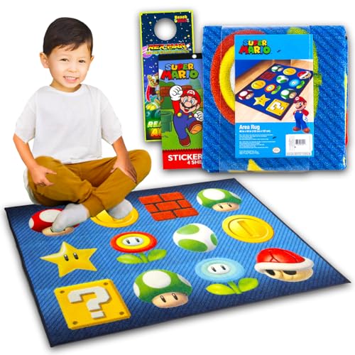 Super Mario Rugs for Kids Room Set - Bundle with 40x54in Mario Area Carpet for Bedroom, Room Decor, Plus Stickers and More | Nintendo Rugs for Bedroom