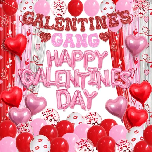 Galentines Day Decorations Happy Galentines Day Balloons Kit with Red Pink Banner Heart Foil Balloons Tinsel Curtain Latex Balloons for Girls Galentine Party Decor