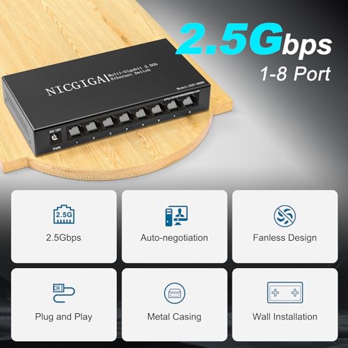 Image of 8 Port 2.5Gb Unmanaged Ethernet Switch with 8* 2.5Gbps Base-T Ports. NICGIGA 8 Port 2.5G Network Switch for 2.5Gbps NAS /PC, WiFi6 Router, Wireless AP. Fanless Design.