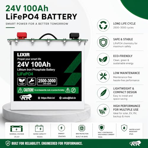 Image of LIXIR 12.8V 100Ah Advanced Lithium-Ion Technology (LiFePO4) Battery with Built-in BMS | Battery for Solar, Inverter, UPS & Backup Power | 5 Years Warranty | Long Life 3000+ Cycles | Maintenance-Free