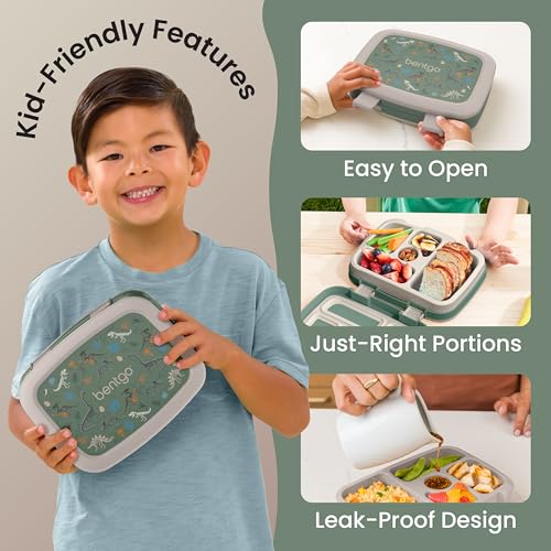 Image of Bentgo Kids Prints Leak-Proof, 5-Compartment Bento-Style Kids Lunch Box - Ideal Portion Sizes for Ages 3-7, Durable, Drop-Proof, Dishwasher Safe, & PFAS & BPA-Free Materials (Dino Fossils)