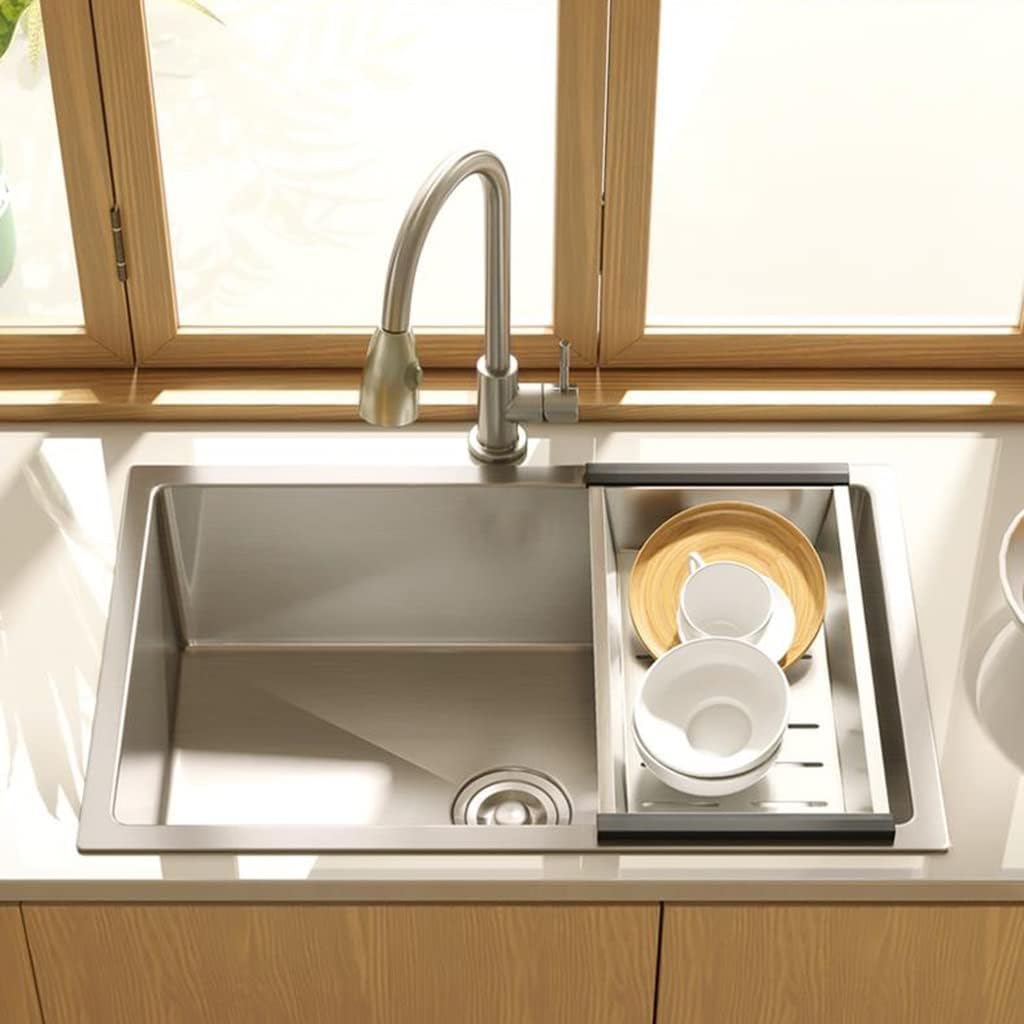 Kitchen Sinks, Sussingle Bowl Kitchen Sink Brushed Bar Prep Sink Rv Sink Laundry Tub for Indoor Outdoor with Faucet & Drain Assembly Drop in or Undermount (A-72 * 45 * 21Cm