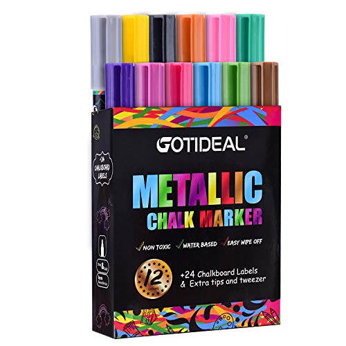 GOTIDEAL Metallic Liquid Chalk Markers, 12 Colors Premium Window Chalkboard Neon Pens, Painting and Drawing for Kids and Adults, Bistro & Restaurant, Wet Erase - Reversible Tip