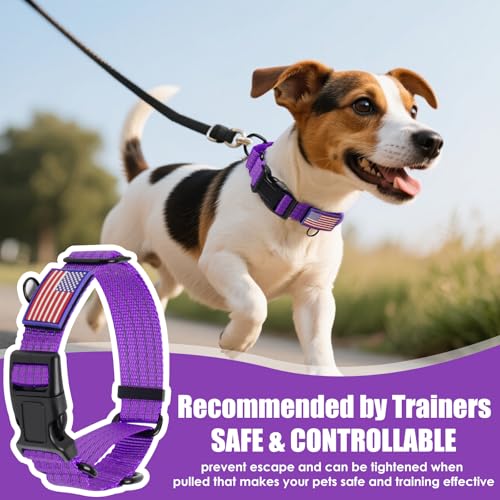 Image of Martingale Dog Collar Reflective NO Pull with USA Flag, L,Purple | Escape Proof without choking,Adjustable Limited Slip Collar with Quick Release Buckle, Nylon Walking Collar for S M L Dogs