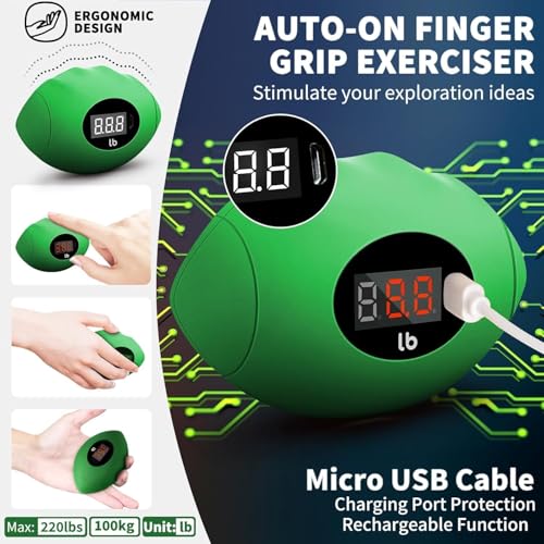 DIOTUSS Hand Grip Strengthener, Rechargeable Digital Grip Strength Trainer with LCD Display Up to 220lbs/100kg, Silicone Hand Exercise Ball for Forearm Finger Training & Stress Relief, for Adults and Kids (Green) - image 3