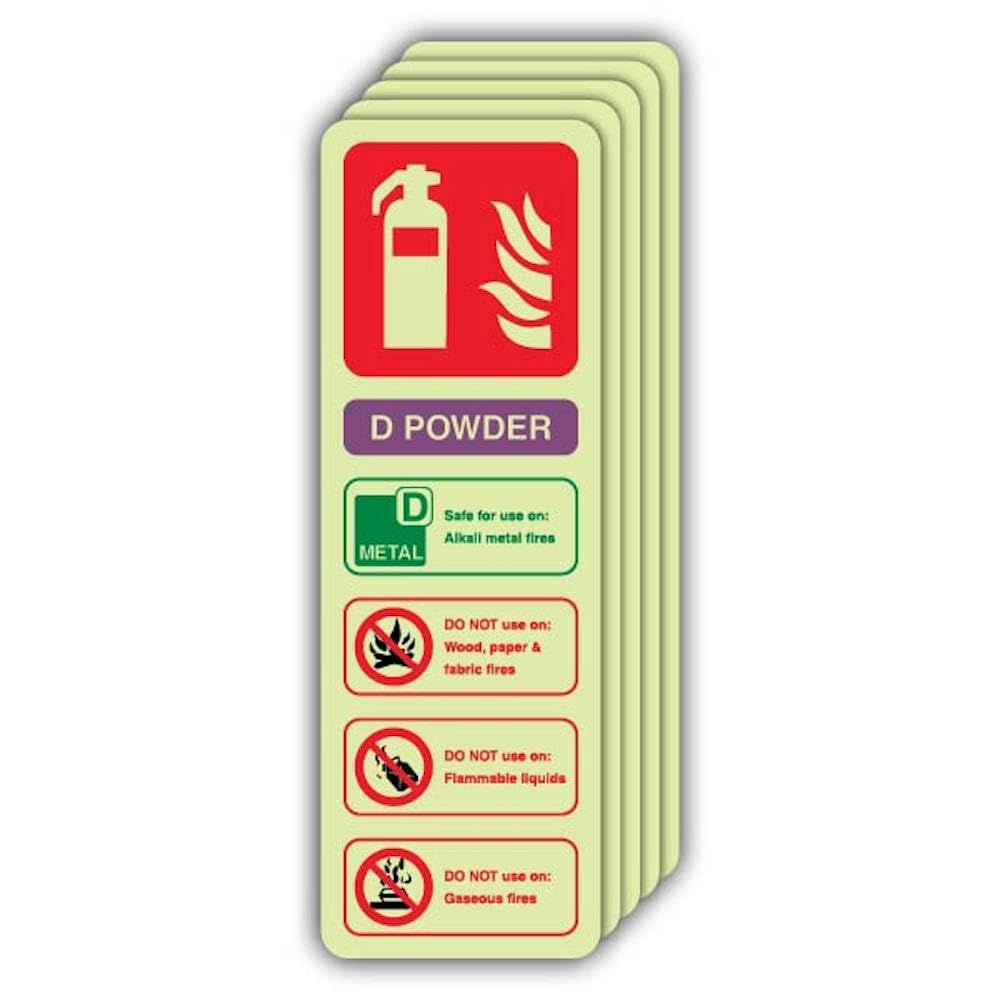 V Safety Photoluminescent D Powder Fire Extinguisher Safety Sign - 100 x 300 mm - 1.2mm Rigid Plastic - Double Glow