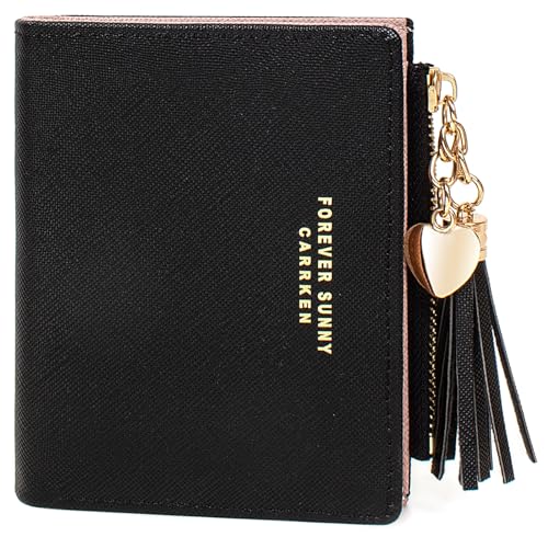 Image of KOTORA Womens Small Wallet Girls Tiny Slim Wallets Pretty Mini Card Holder Thin Short Zip Coin Purse with Love Pendant and Tassels (Black)