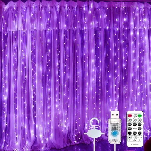 SINAMER Purple Curtain Light for Bedroom, 300 LED 9.8ft x 9.8ft Window Fairy Curtain String Light with 16 Hooks, 8 Models Remote Control for Wedding Party Home Garden Indoor Decorations