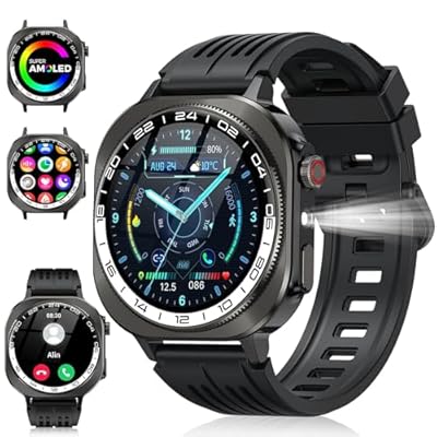 Soudorv - Reloj Inteligente Hombre Mujer Militar 2025 AMOLED 3D 1.43" con Llamadas Bluetooth 5.4 60 Días de Autonomía Smart Watch con Linterna LED IP68 Impermeable/24/7 Monitor/130+Deportivos para Android iOS