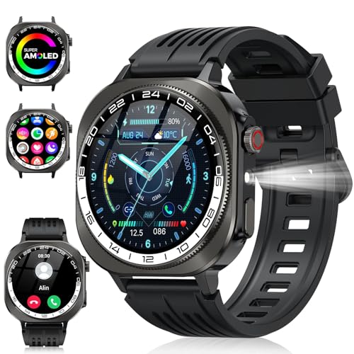 Soudorv Militär Smartwatch Herren Damen, 2025 Neu AMOLED Smart Watch mit Telefonfunktion, 1.43″ Fitnessuhr mit LED Taschenlampe/130+ Sportmodi/Herzfrequenz, IP68 Wasserdicht Sportuhr für iOS Android Soudorv Militär Smartwatch Herren Damen, 2025 Neu AMOLED Smart Watch mit Telefonfunktion, 1.43″ Fitnessuhr mit LED Taschenlampe/130+ Sportmodi/Herzfrequenz, IP68 Wasserdicht Sportuhr für iOS Android
