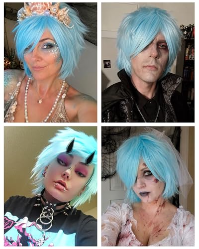 Image of Rose bud Anime Halloween Aqua Blue Wig for Cosplay Party Synthetic Layered Short Hair Wigs with Bangs Pastel Funny Wigs for Women Men