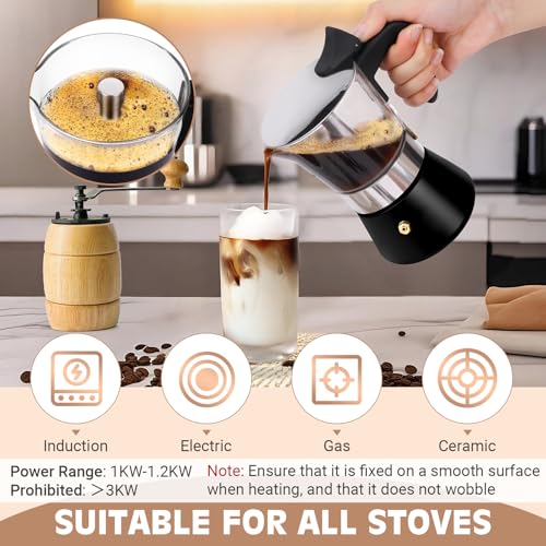 Image of Induction Moka Pot, 4 Cups (7.1 oz) Crystal Glass-Top & Stainless Steel Moka Pot, Classic Stovetop Espresso Maker, Black