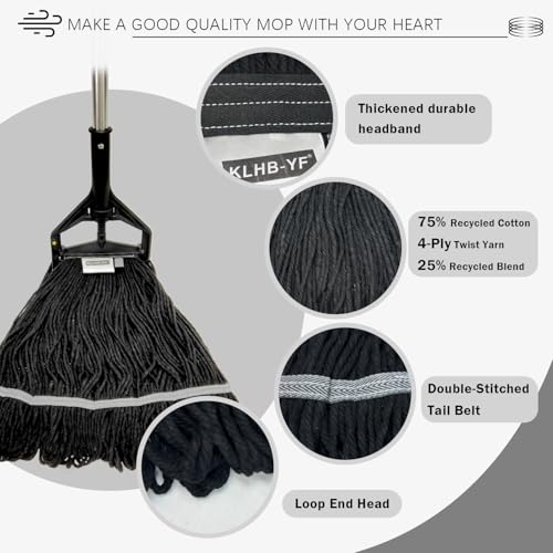 Image of Commercial Cotton Mop Heavy-Duty Industrial with 2 Replacement Heads 152 cm Handle Replacement mop Head (Black)