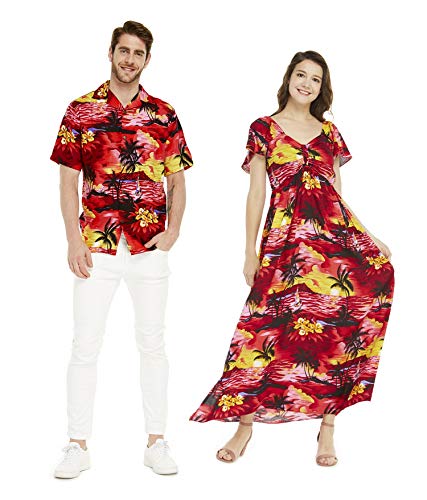 Couple Matching Hawaiian Luau Aloha Shirt Maxi Ruffle Sleeve Dress in Sunset Blue