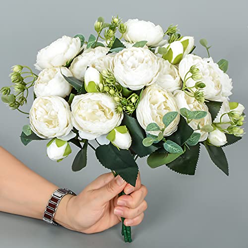 4Packs Artificial Peony Silk Flowers Fake Glorious Flower Bouquets for Wedding Party Bridal Home Decoration (White) image 2