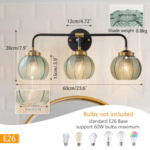 Image of 3-Light Bathroom Vanity Light Black Wall Mount Light with Green Glass Shade, Mid Century Wall Sconce Lights Modern Vanity Lamp for Over Mirror Bedroom Hallway