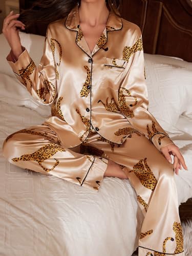 SOLY HUX Women's Leopard Print Silk Satin Pajama Set Long Sleeve Button Down Shirt Pj Set 2 Piece Sleepwear3