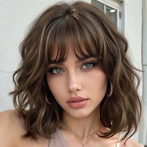 Image of AISI HAIR Curly Bob Wig with Bangs Short Wavy Warm Medium Brown with Golden Highlights. Color Wigs for Women Bob Style Synthetic Heat Resistant Bob Wigs